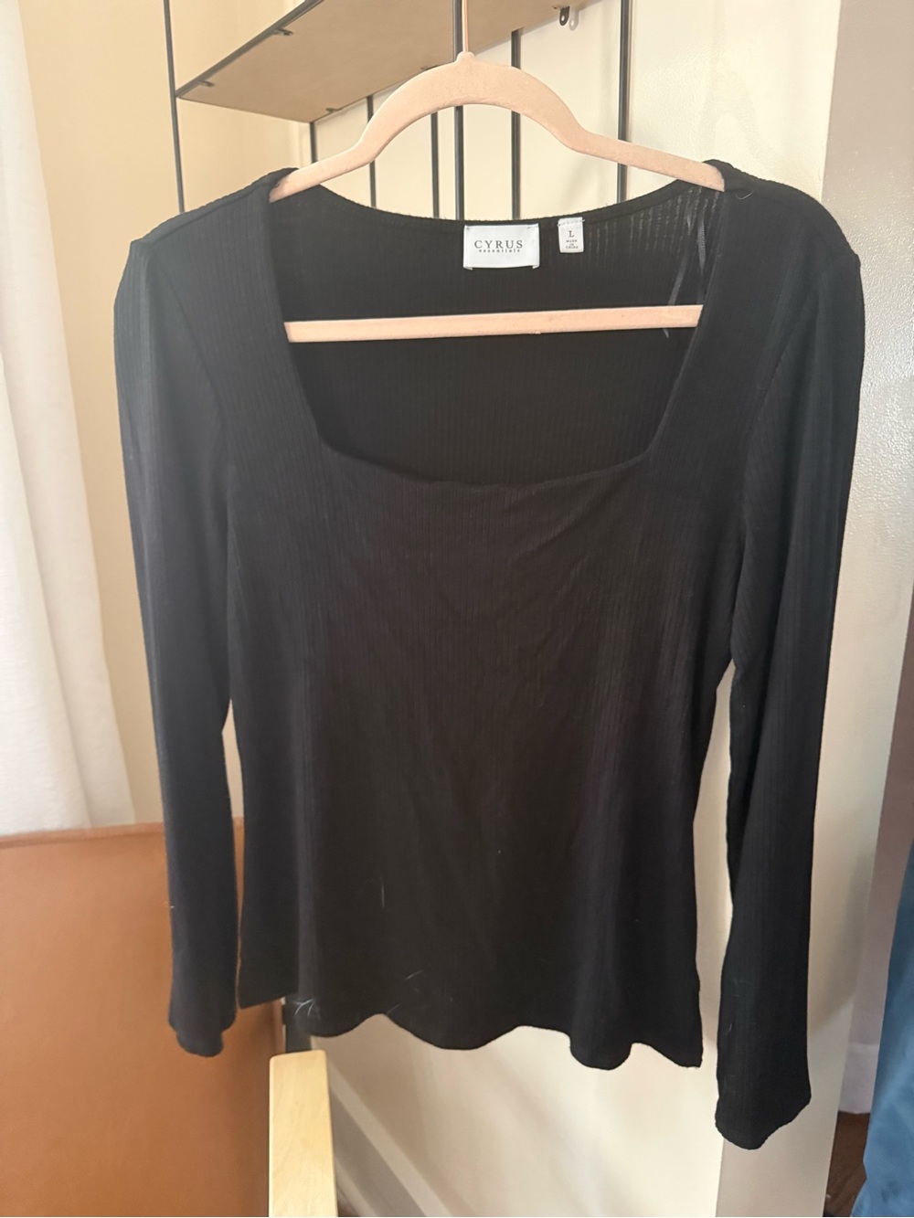 Cyrus Black Square-Neck Long Sleeve Ribbed Top